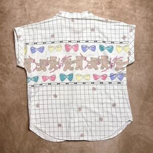 Vintage 80s Sweet n Sassy Teddy Bear Checkered Button Up Shirt White Bow Cottage